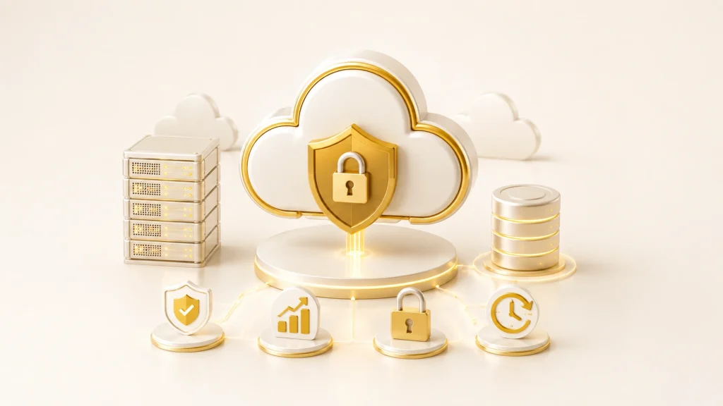 Hybrid cloud security solutions icons with cloud, lock, servers, and data protection