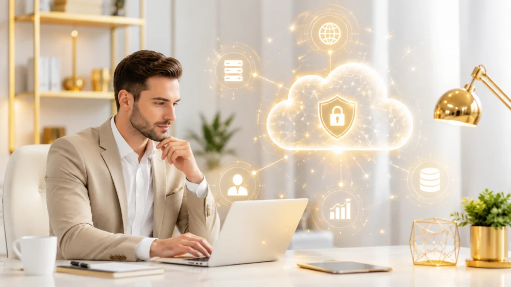 Business professional reviewing secure cloud computing solutions
