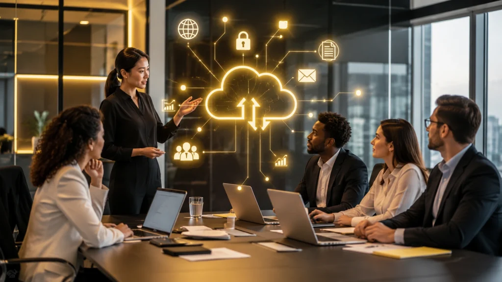 Business team discussing cloud solutions in a meeting