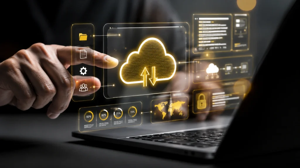 Hand using cloud solutions dashboard on a laptop