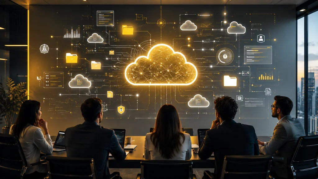 Professionals reviewing cloud solutions network display