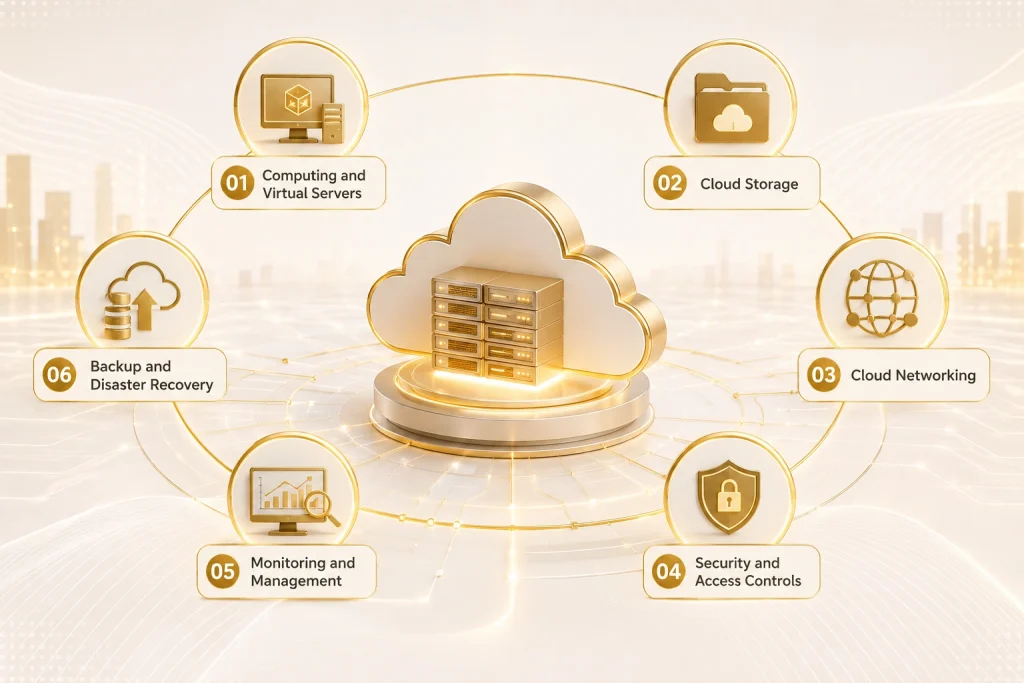 Cloud infrastructure solutions with servers, storage, networking, security, and backup