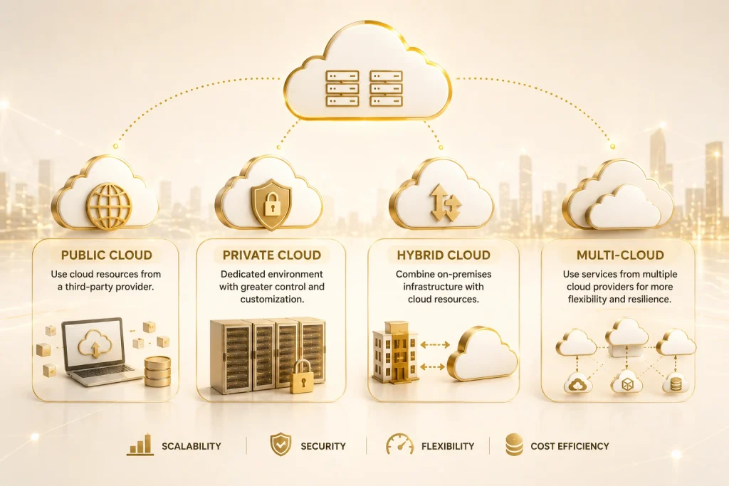 Cloud infrastructure solutions showing public, private, hybrid, and multi-cloud models