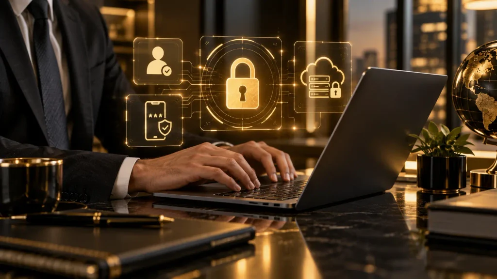 Business professional using cloud data security solutions with secure access, identity protection, and authentication controls. 