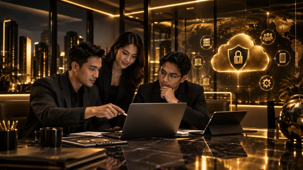 Business team reviewing cloud security controls, system access, and data protection in a secure cloud environment. 