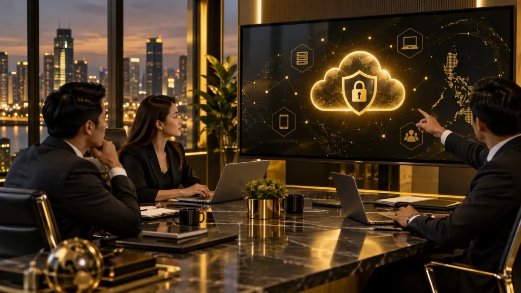 Business team reviewing cloud security protections, network access, and data security strategies for safer operations. 
