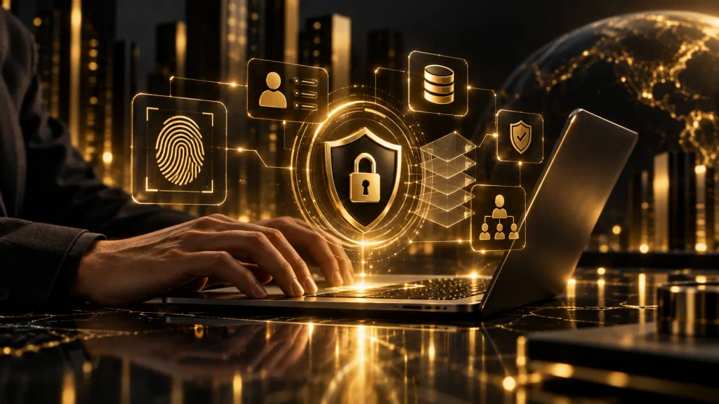 Cloud security system using identity verification, access control, and data protection to secure business accounts and information. 