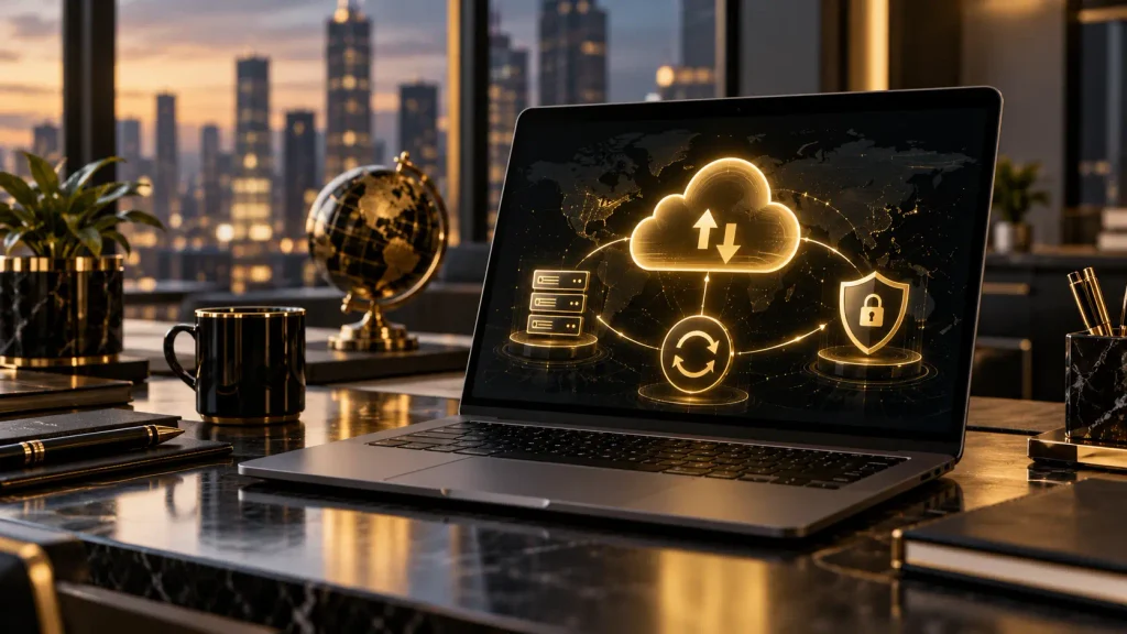 Secure cloud backup system showing protected data storage, recovery, and business continuity in a cloud environment. 