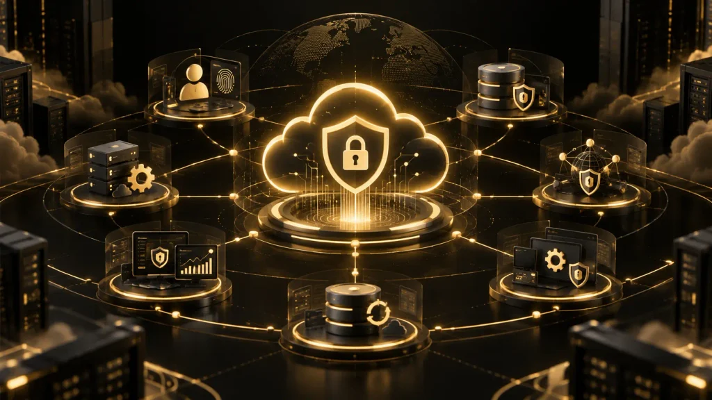 Secure cloud infrastructure supported by protected data center servers, monitoring systems, and network security controls. 