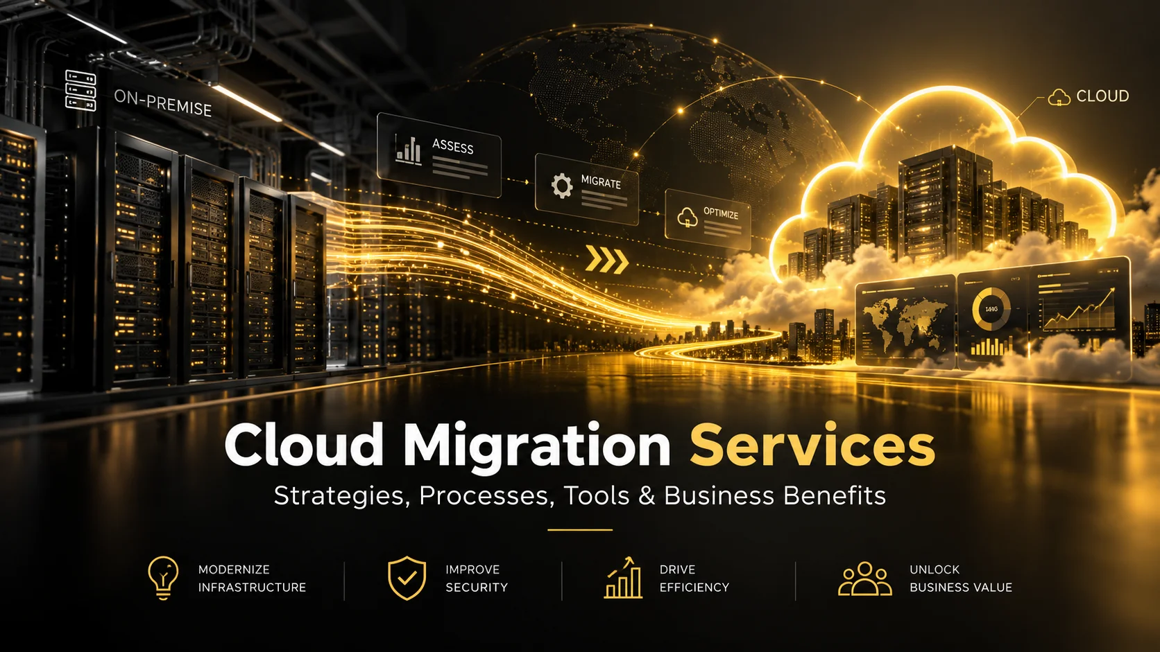 Cloud migration services showing data transfer from on-premise servers to cloud infrastructure
