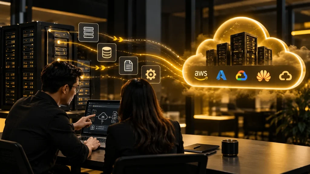 Cloud migration services transferring business data and applications to cloud platforms